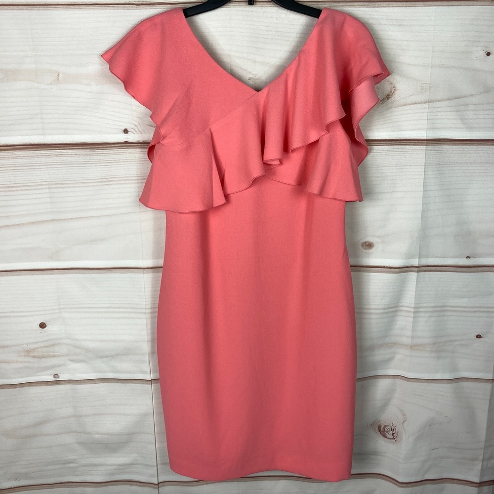 Trina Turk Dress Womens 2 Pink Crepe Sheath Ruffle Neck Sleeveless Solid V-Neck